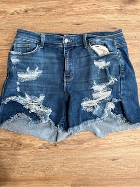 Judy Blue Distressed Mid Blue Denim Cutoff Shorts
